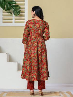 red anarkali cotton floral maternity wear kurta trouser dupatta set 3