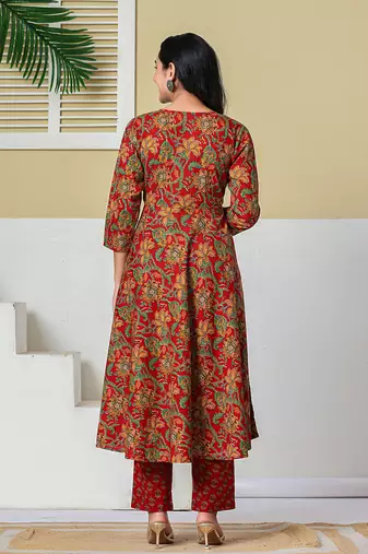 red anarkali cotton floral maternity wear kurta trouser dupatta set