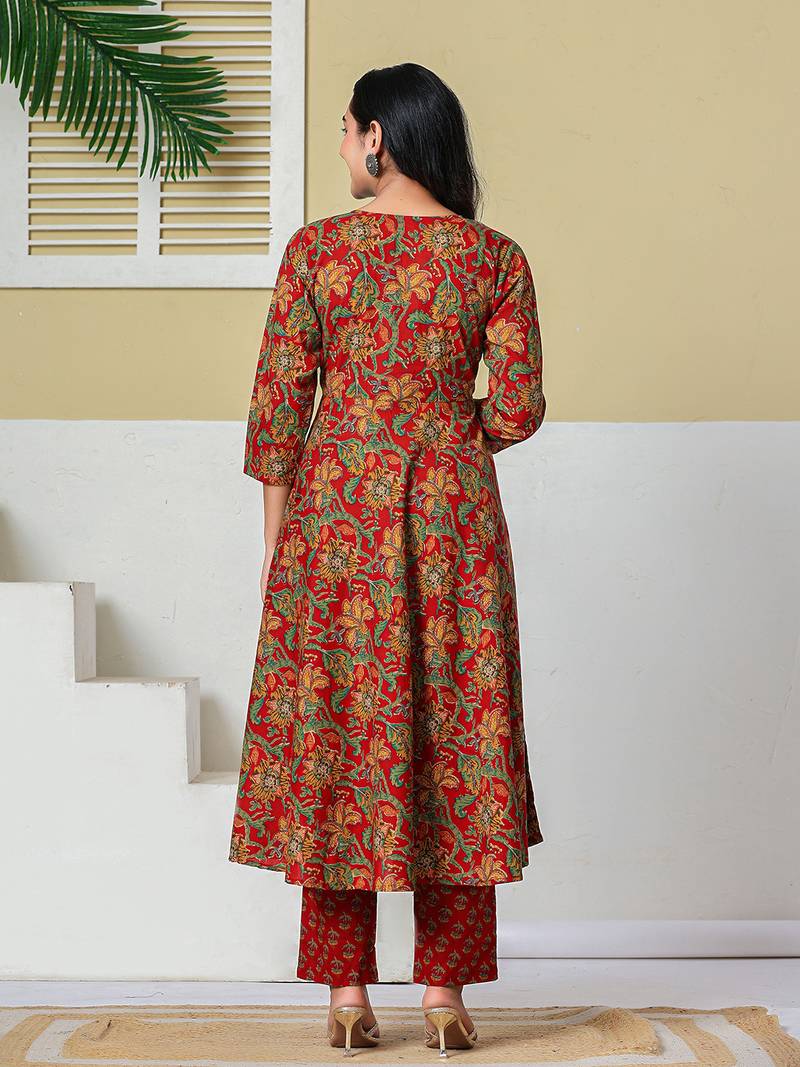 red anarkali cotton floral maternity wear kurta trouser dupatta set