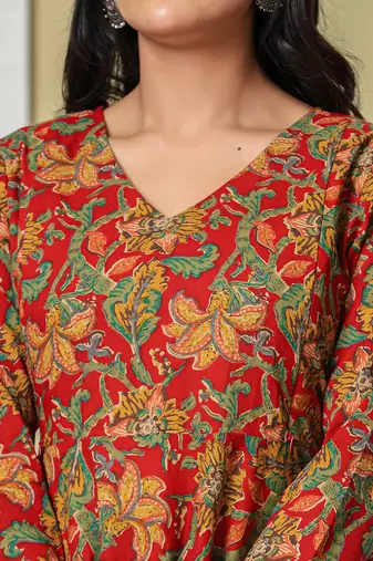 red anarkali cotton floral maternity wear kurta trouser dupatta set