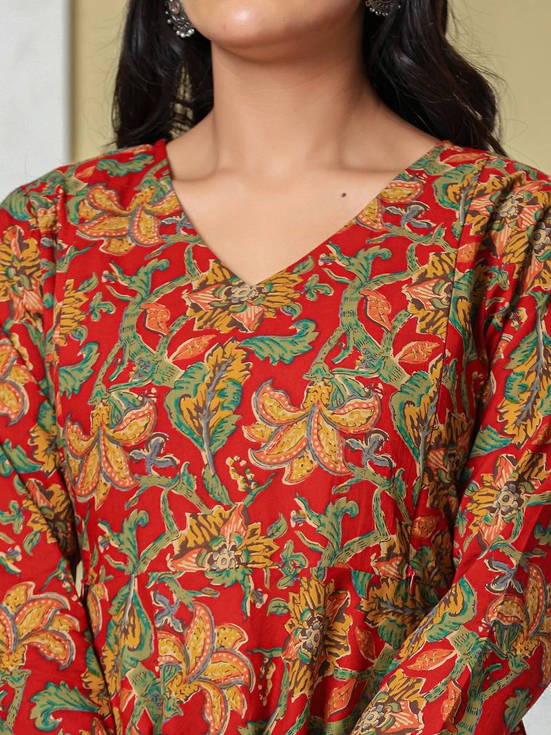 red anarkali cotton floral maternity wear kurta trouser dupatta set