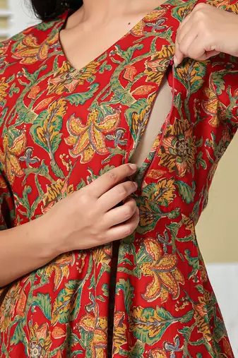 red anarkali cotton floral maternity wear kurta trouser dupatta set