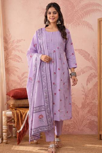Yufta lavender cotton floral print anarkali kurta dupatta pant set