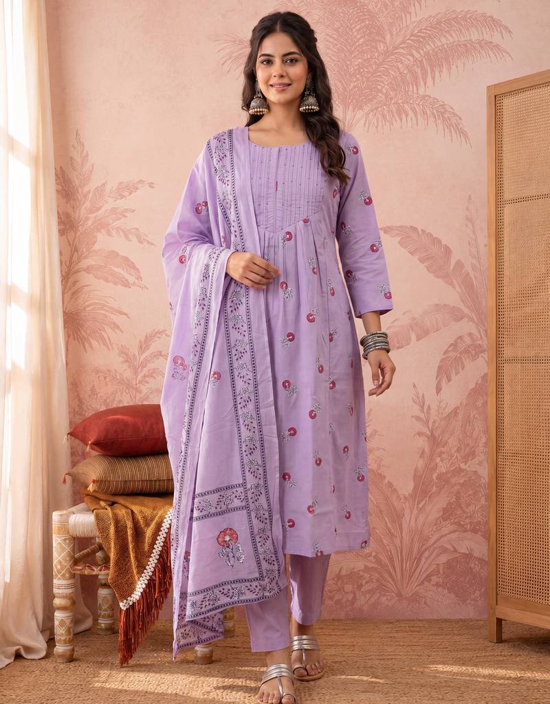 Yufta lavender cotton floral print anarkali kurta dupatta pant set