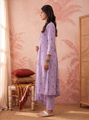 Yufta lavender cotton floral print anarkali kurta dupatta pant set 2