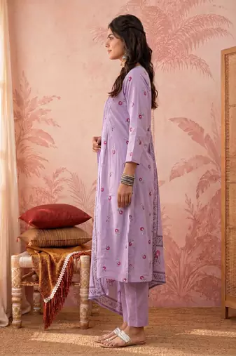 Yufta lavender cotton floral print anarkali kurta dupatta pant set