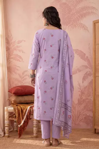 Yufta lavender cotton floral print anarkali kurta dupatta pant set