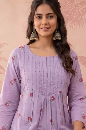 Yufta lavender cotton floral print anarkali kurta dupatta pant set