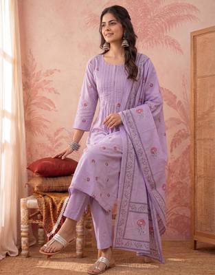 Yufta lavender cotton floral print anarkali kurta dupatta pant set 5