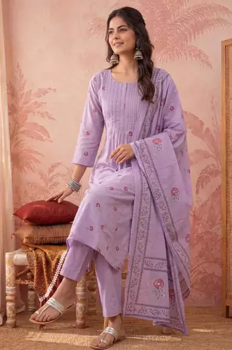 Yufta lavender cotton floral print anarkali kurta dupatta pant set