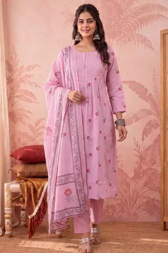 pink cotton floral print anarkali kurta dupatta pant set