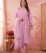 pink cotton floral print anarkali kurta dupatta pant set