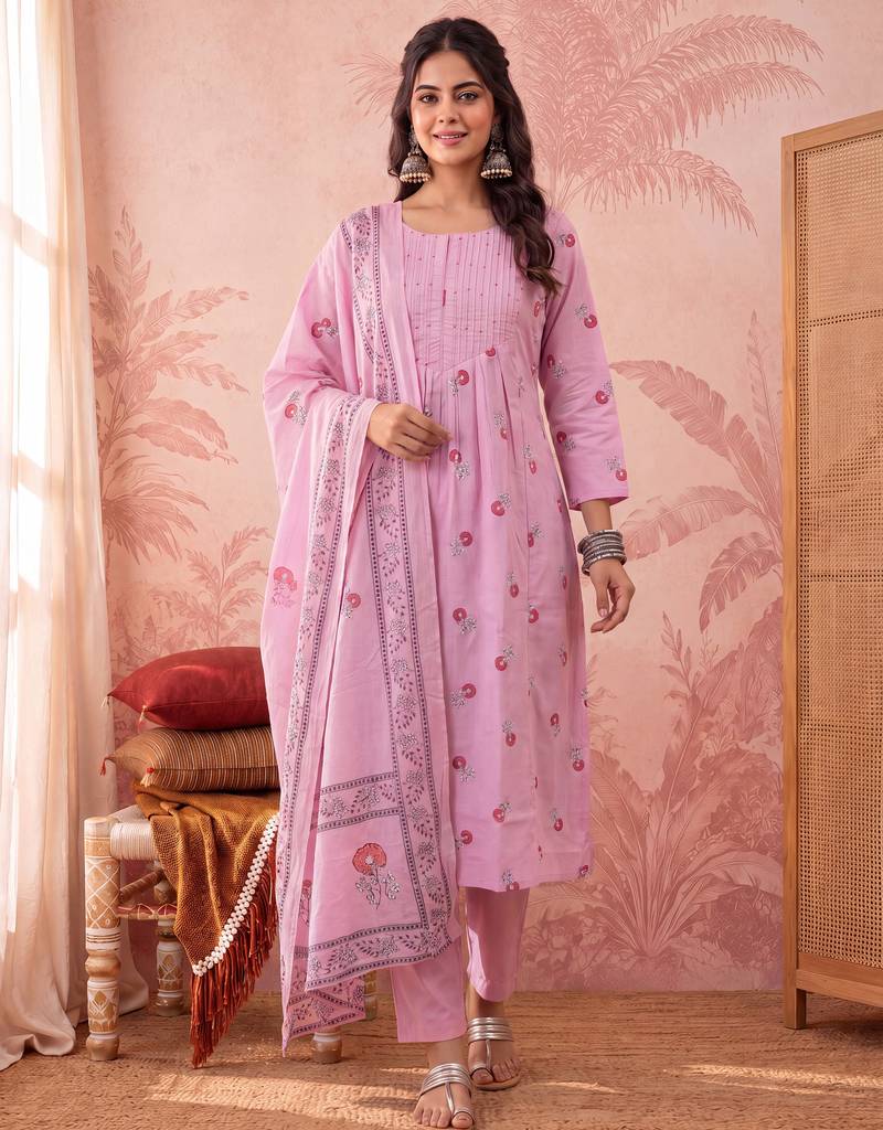 pink cotton floral print anarkali kurta dupatta pant set