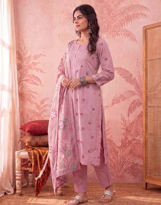 pink cotton floral print anarkali kurta dupatta pant set 2