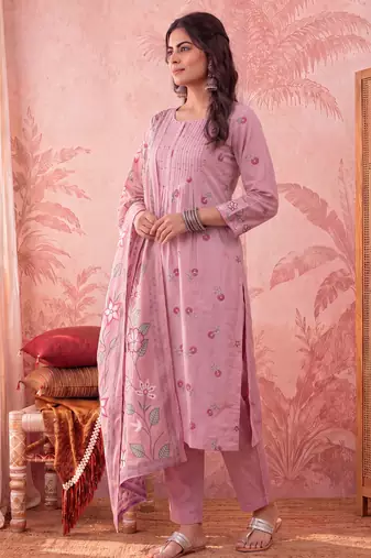 pink cotton floral print anarkali kurta dupatta pant set
