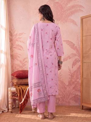 pink cotton floral print anarkali kurta dupatta pant set 3