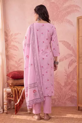 pink cotton floral print anarkali kurta dupatta pant set