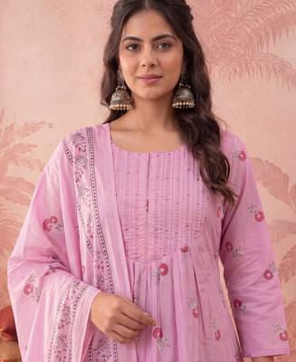 pink cotton floral print anarkali kurta dupatta pant set 4