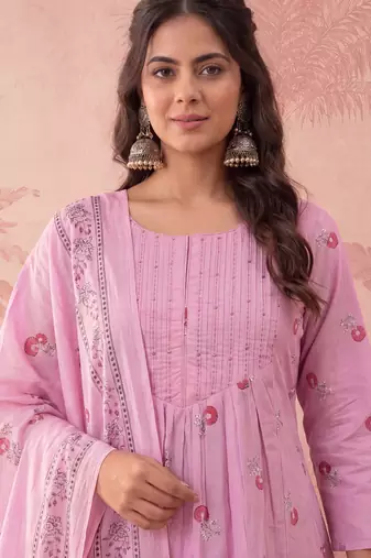 pink cotton floral print anarkali kurta dupatta pant set