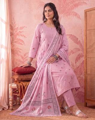 pink cotton floral print anarkali kurta dupatta pant set 5