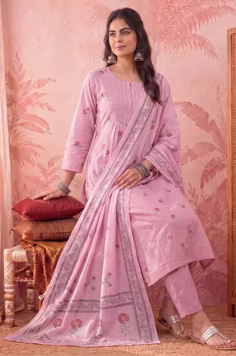 pink cotton floral print anarkali kurta dupatta pant set