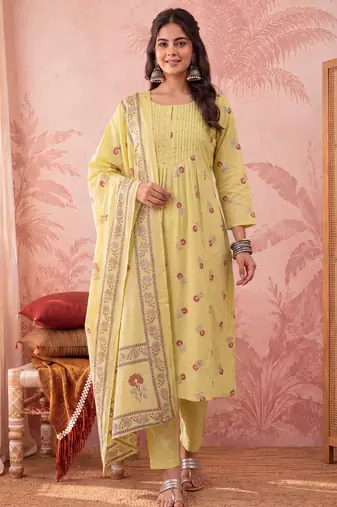 yellow cotton floral print anarkali kurta dupatta pant set