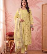 yellow cotton floral print anarkali kurta dupatta pant set