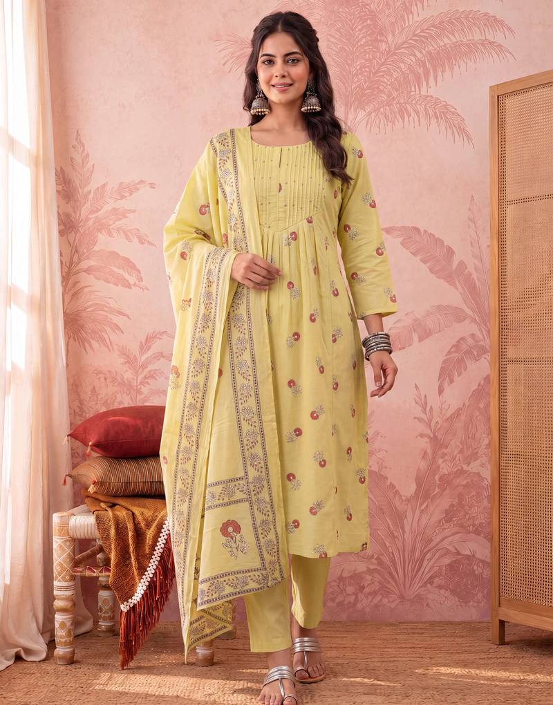 yellow cotton floral print anarkali kurta dupatta pant set