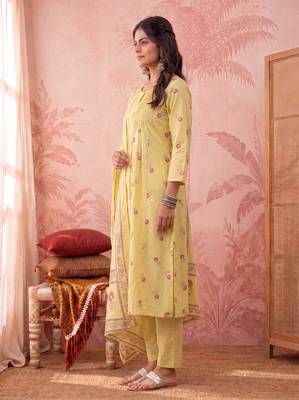 yellow cotton floral print anarkali kurta dupatta pant set 2