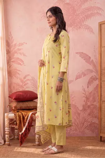 yellow cotton floral print anarkali kurta dupatta pant set