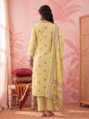 yellow cotton floral print anarkali kurta dupatta pant set 3