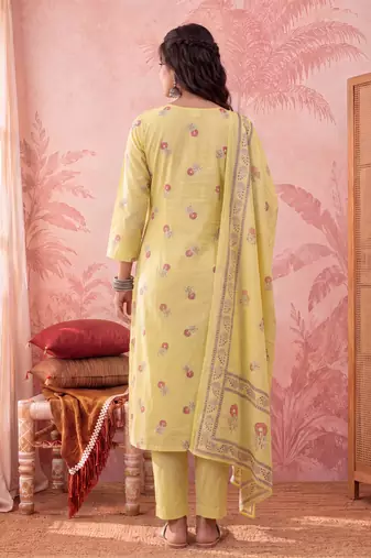 yellow cotton floral print anarkali kurta dupatta pant set