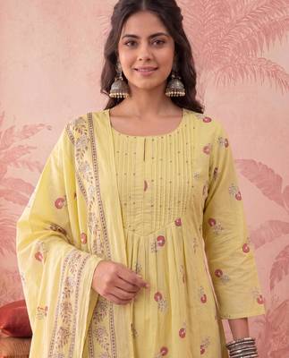 yellow cotton floral print anarkali kurta dupatta pant set 4