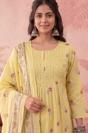 yellow cotton floral print anarkali kurta dupatta pant set