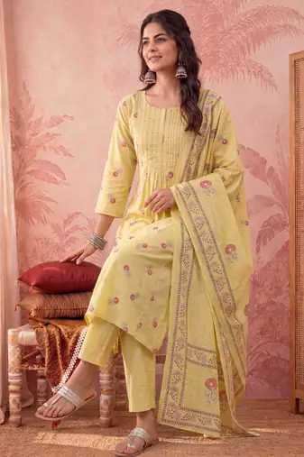yellow cotton floral print anarkali kurta dupatta pant set