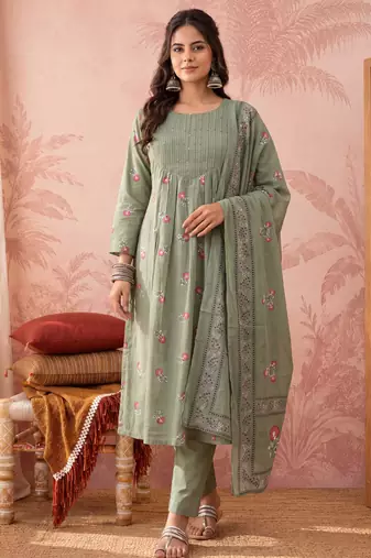 Yufta green cotton floral print anarkali kurta dupatta pant set