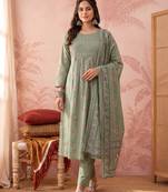 Yufta green cotton floral print anarkali kurta dupatta pant set