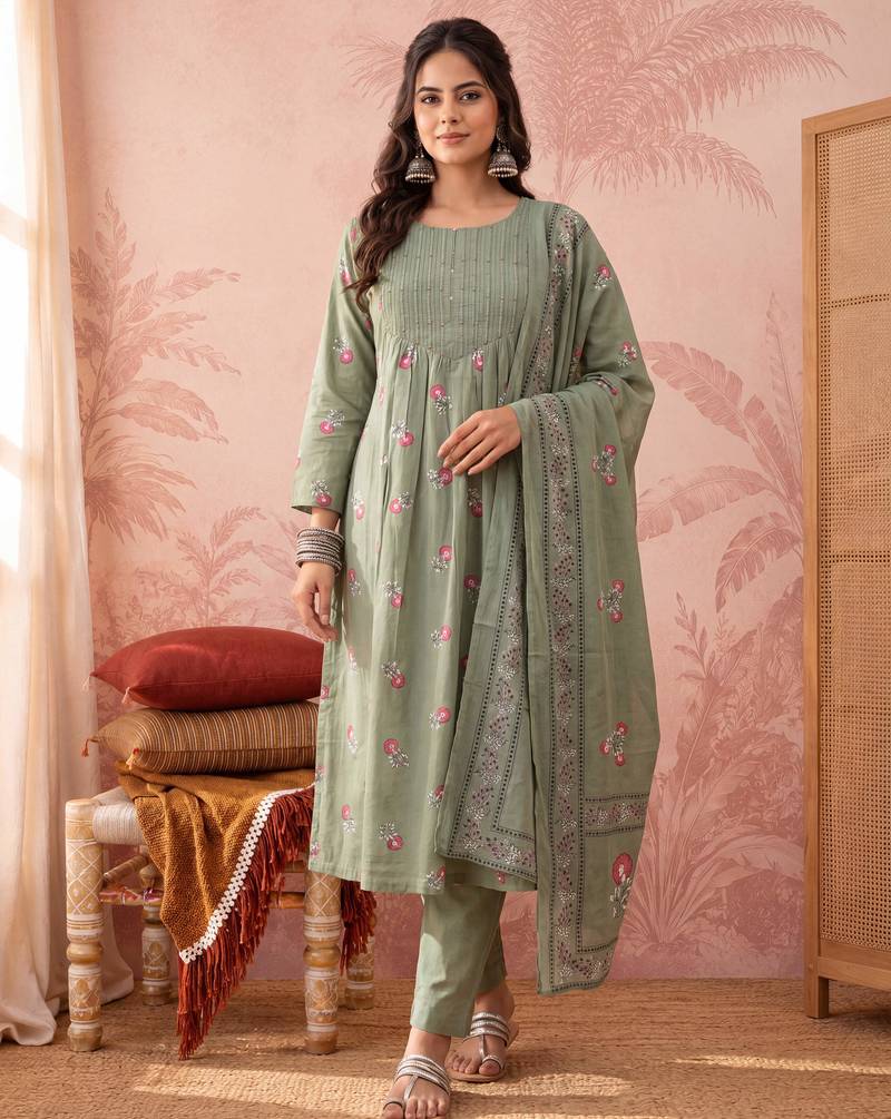 Yufta green cotton floral print anarkali kurta dupatta pant set