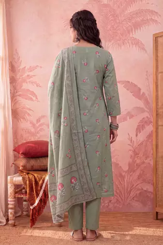 Yufta green cotton floral print anarkali kurta dupatta pant set