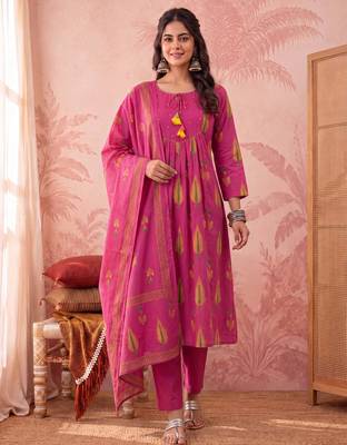 pink cotton kantha work sequins work anarkali kurta dupatta pant set 1