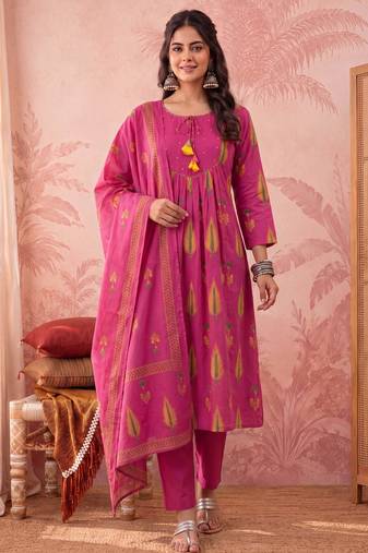 pink cotton kantha work sequins work anarkali kurta dupatta pant set