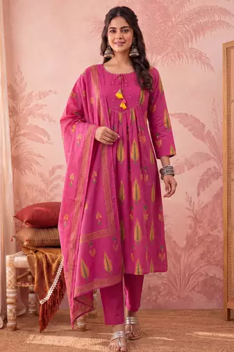 pink cotton kantha work sequins work anarkali kurta dupatta pant set