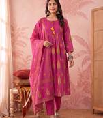 pink cotton kantha work sequins work anarkali kurta dupatta pant set