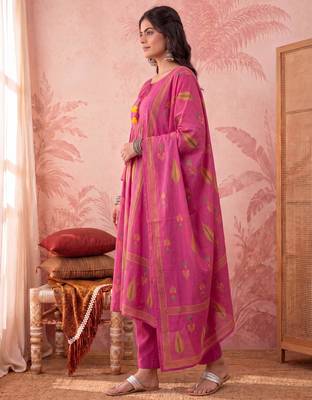 pink cotton kantha work sequins work anarkali kurta dupatta pant set 2