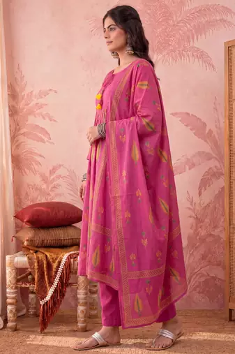 pink cotton kantha work sequins work anarkali kurta dupatta pant set