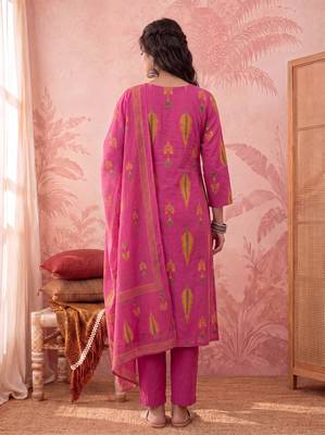 pink cotton kantha work sequins work anarkali kurta dupatta pant set 3