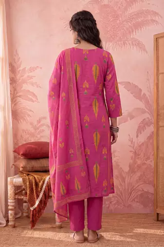 pink cotton kantha work sequins work anarkali kurta dupatta pant set