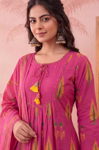 pink cotton kantha work sequins work anarkali kurta dupatta pant set