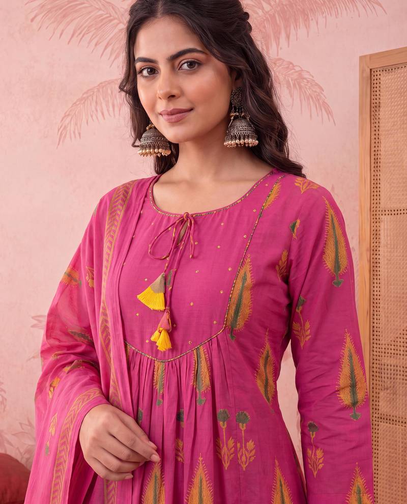 pink cotton kantha work sequins work anarkali kurta dupatta pant set