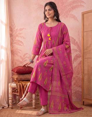 pink cotton kantha work sequins work anarkali kurta dupatta pant set 5